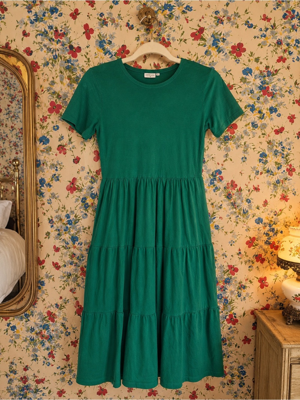 celtic & co irish green tiered midi dress cottagecore minimalist organic cotton